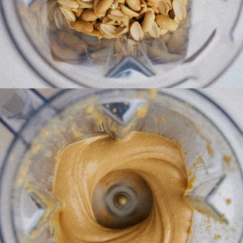 High-speed blender with peanuts inside and homemade peanut butter ready for your baby